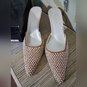 Newport News Pearl-Embellished Pointed Mule in Beige